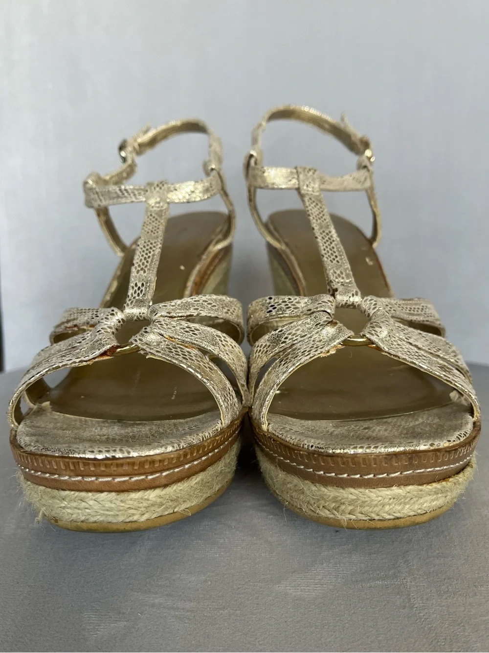 Bandolino Metallic Gold Snakeskin Espadrilles Wedge Sandals